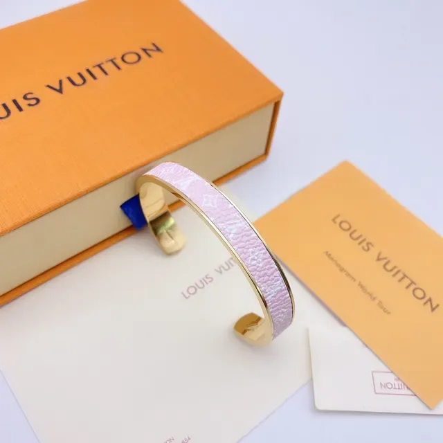 Louis Vuitton Monogram Leather Bangle Brown and White Gold-Tone Bracelets 9