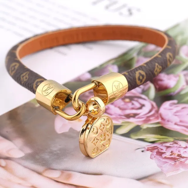 Louis Vuitton Monogram Lock Brown Gold Canvas Hardware Bracelet 4