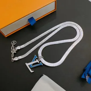 Louis Vuitton Monogram Pendant Silver Blue Snake Chain Enamel Necklace