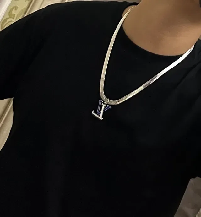 Louis Vuitton Monogram Pendant Silver Blue Snake Chain Enamel Necklace 2