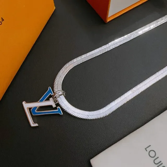 Louis Vuitton Monogram Pendant Silver Blue Snake Chain Enamel Necklace 3