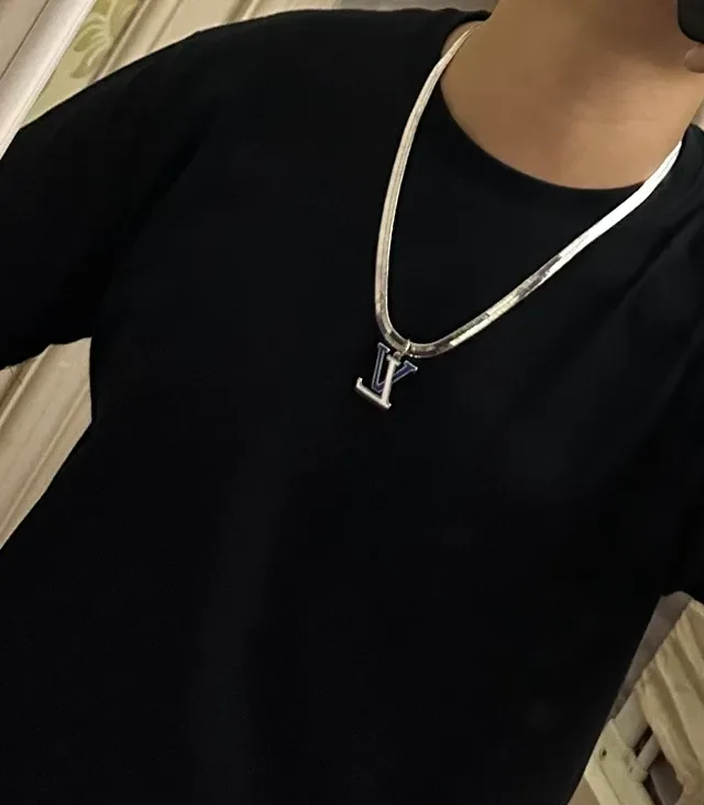 Louis Vuitton Monogram Pendant Silver Blue Snake Chain Enamel Necklace 4