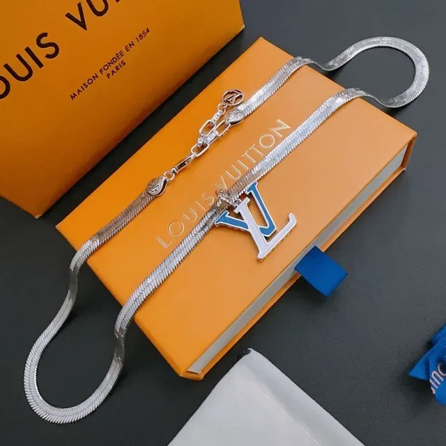 Louis Vuitton Monogram Pendant Silver Blue Snake Chain Enamel Necklace 6