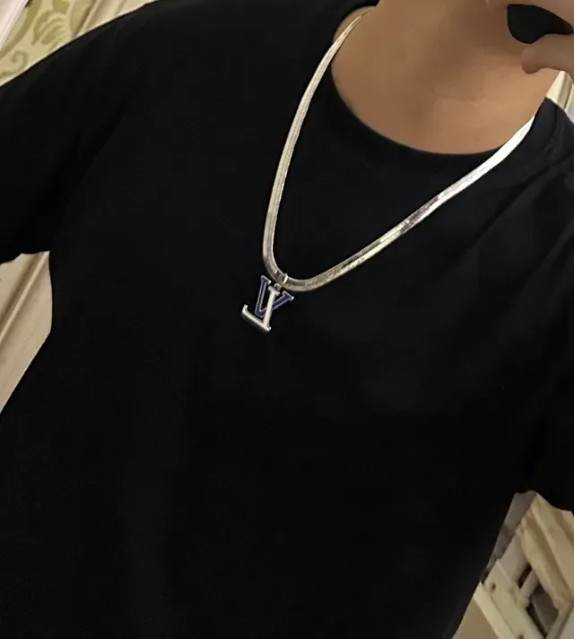 Louis Vuitton Monogram Pendant Silver Blue Snake Chain Enamel Necklace 7