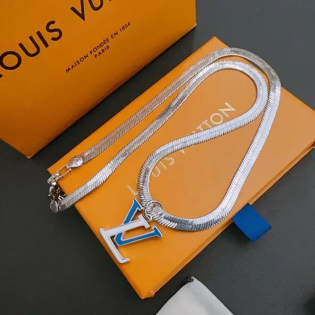 Louis Vuitton Monogram Pendant Silver Blue Snake Chain Enamel Necklace 9