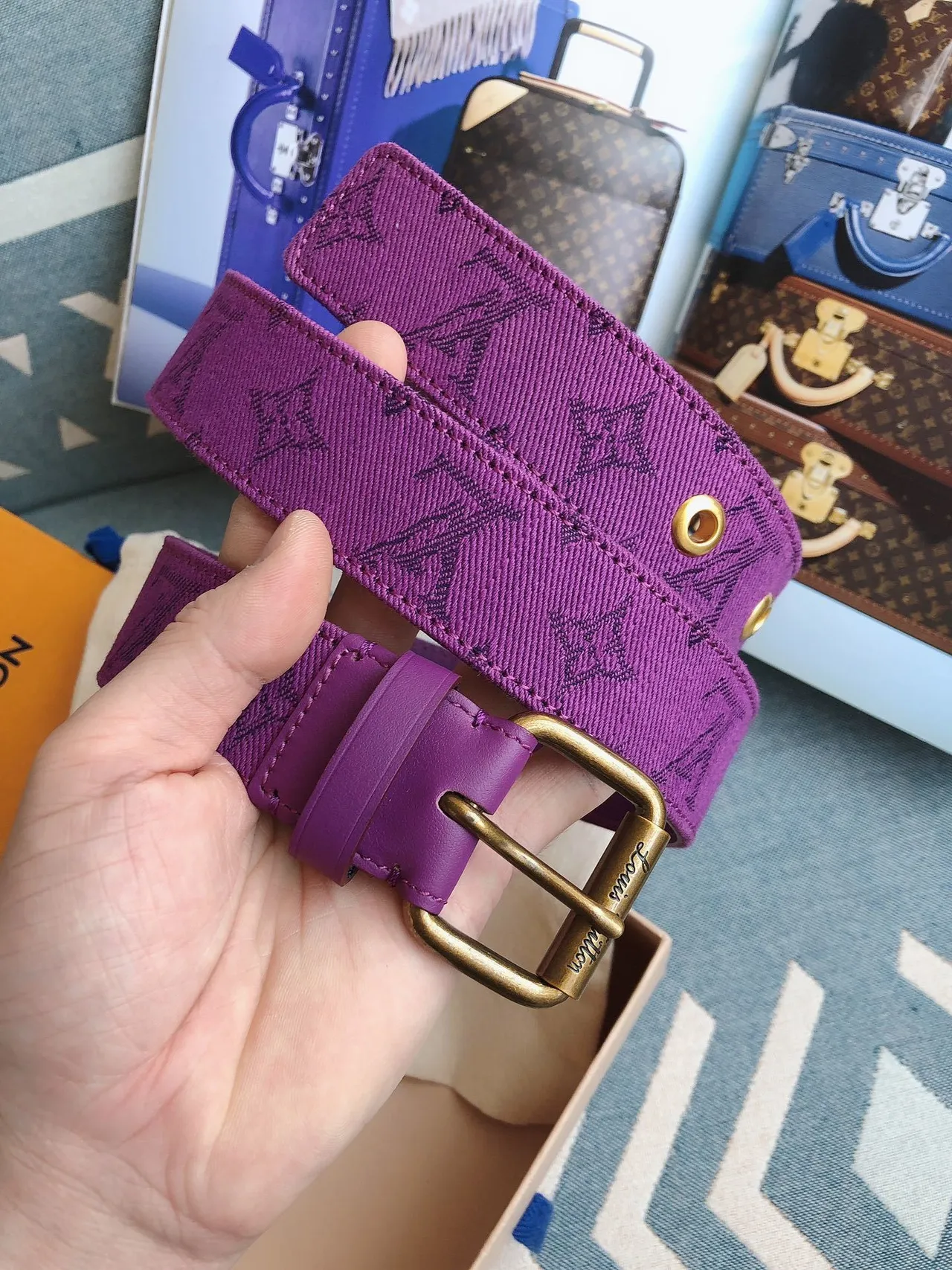 Louis Vuitton Monogram Ceinture Violet Or Tissée Gravée Boucle Toile 2