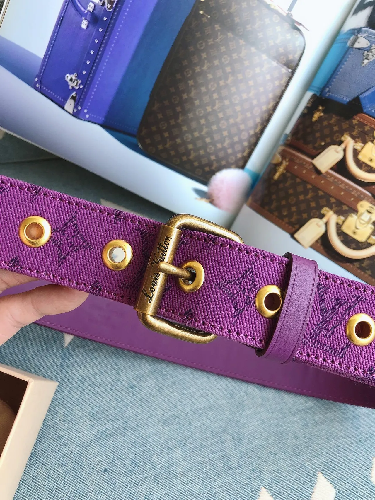 Louis Vuitton Monogram Ceinture Violet Or Tissée Gravée Boucle Toile 3