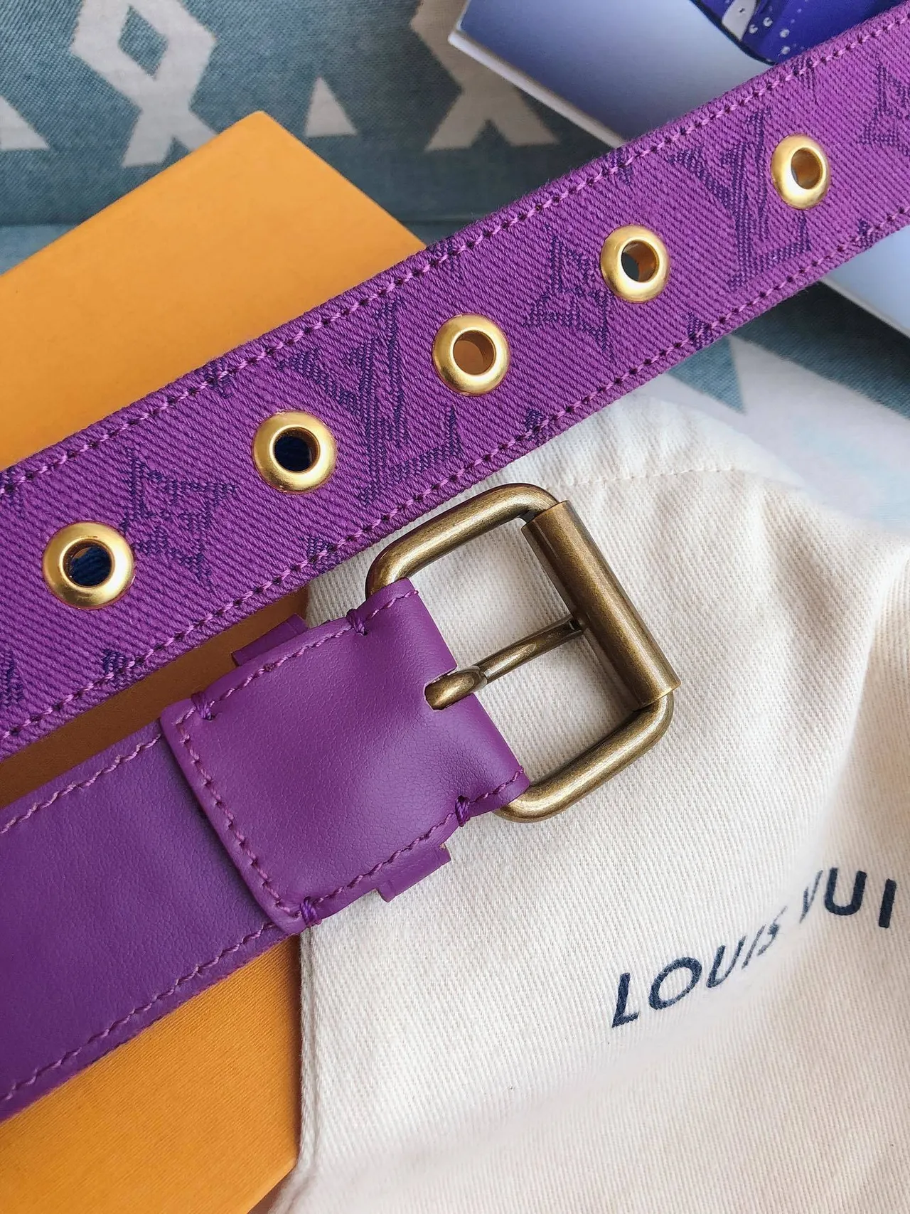 Louis Vuitton Monogram Ceinture Violet Or Tissée Gravée Boucle Toile 6