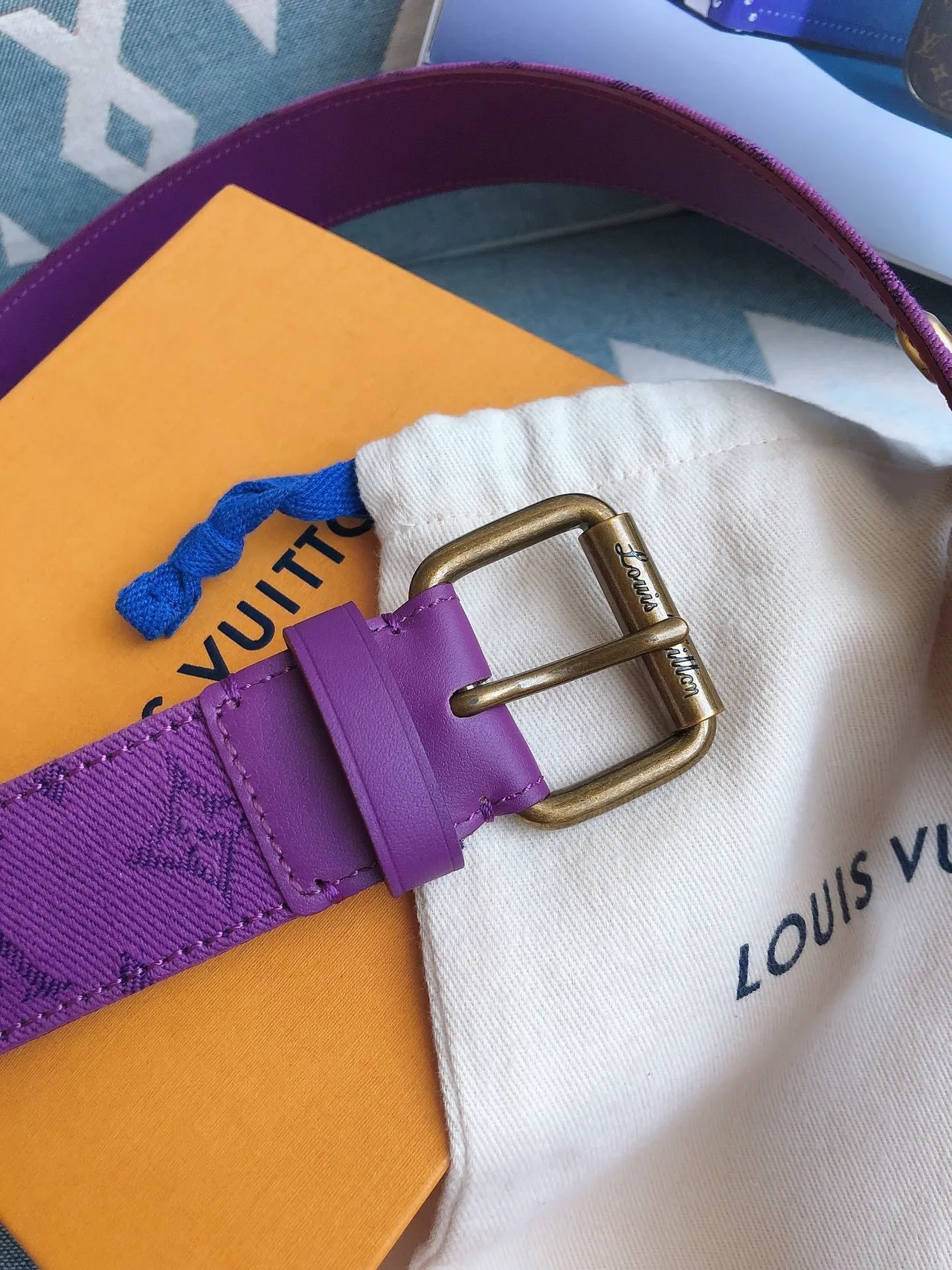 Louis Vuitton Monogram Ceinture Violet Or Tissée Gravée Boucle Toile 7