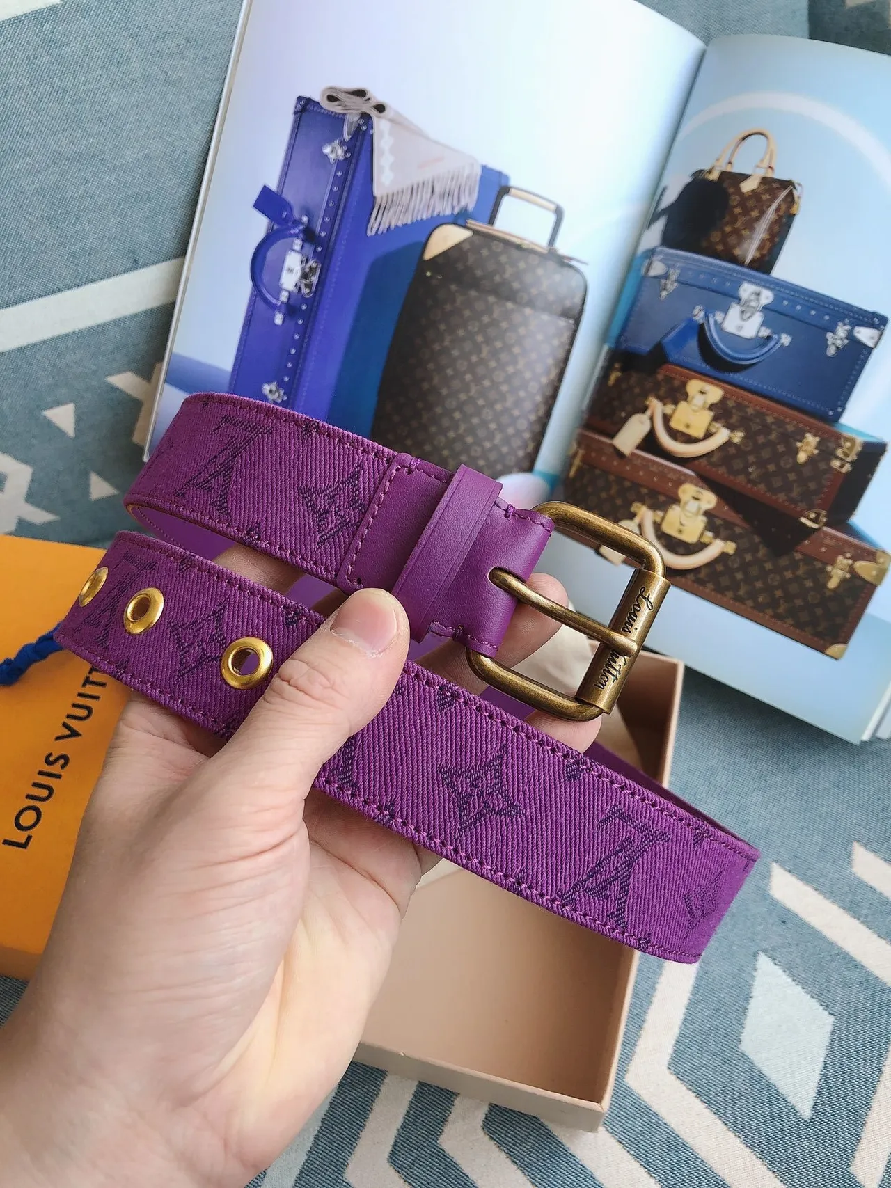 Louis Vuitton Monogram Ceinture Violet Or Tissée Gravée Boucle Toile 8