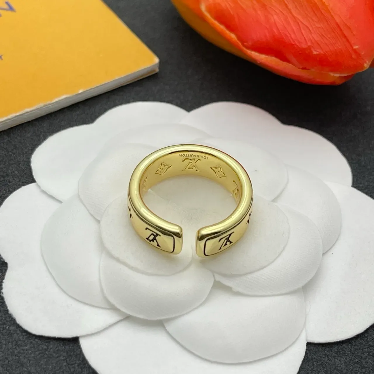 Louis Vuitton Monogram Ring Gold Wide Band Engraved Ring 3