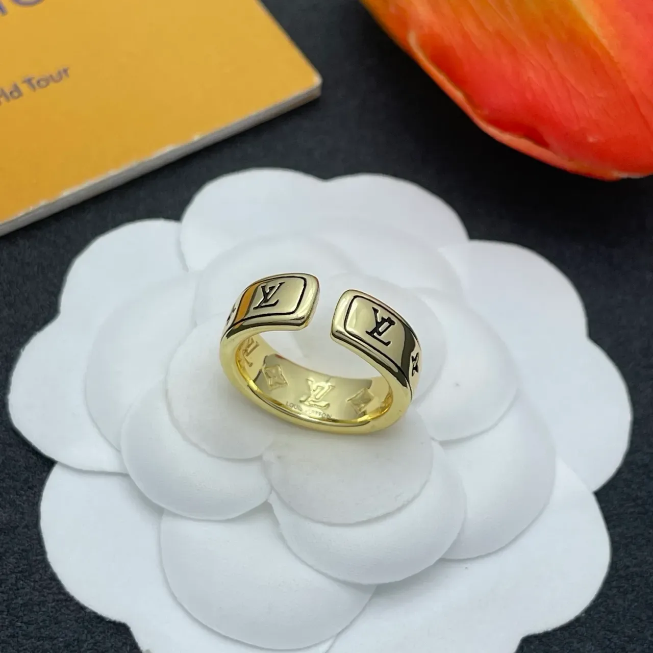 Louis Vuitton Monogram Ring Gold Wide Band Engraved Ring 4