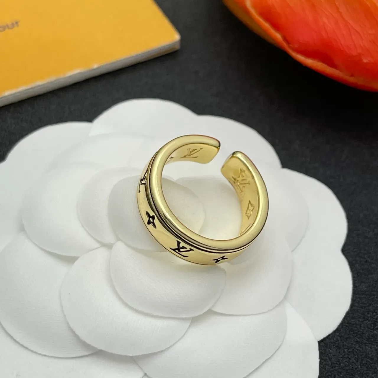 Louis Vuitton Monogram Ring Gold Wide Band Engraved Ring 5