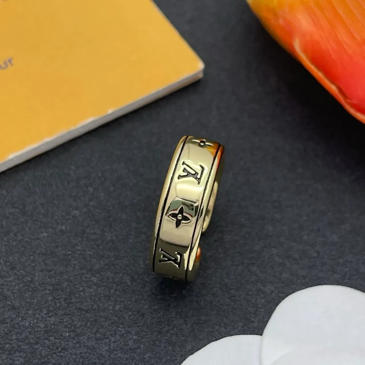 Louis Vuitton Monogram Ring Gold Wide Band Engraved Ring 6