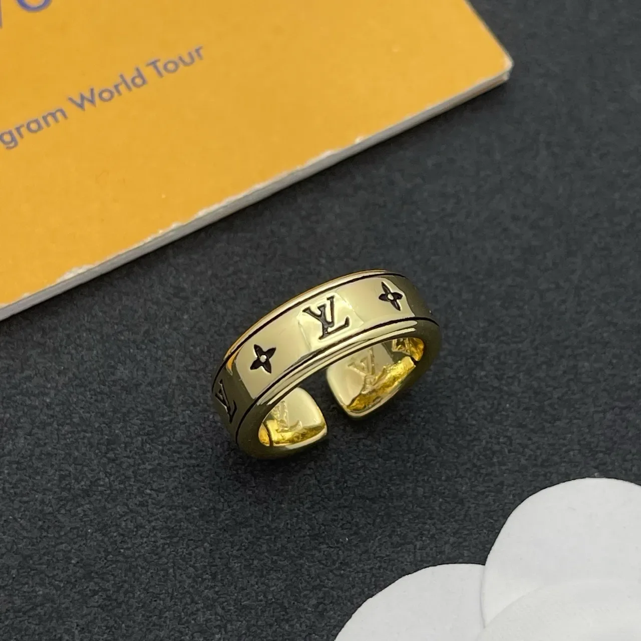 Louis Vuitton Monogram Ring Gold Wide Band Engraved Ring 8