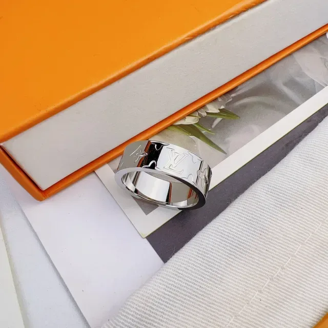 Louis Vuitton Monogram Ring Silver Wide Band Engraved Ring 2