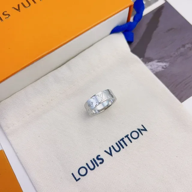 Louis Vuitton Monogram Ring Silver Wide Band Engraved Ring 7