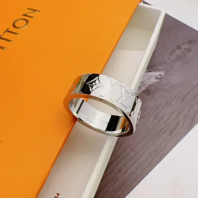 Louis Vuitton Monogram Ring Silver Wide Band Engraved Ring 8