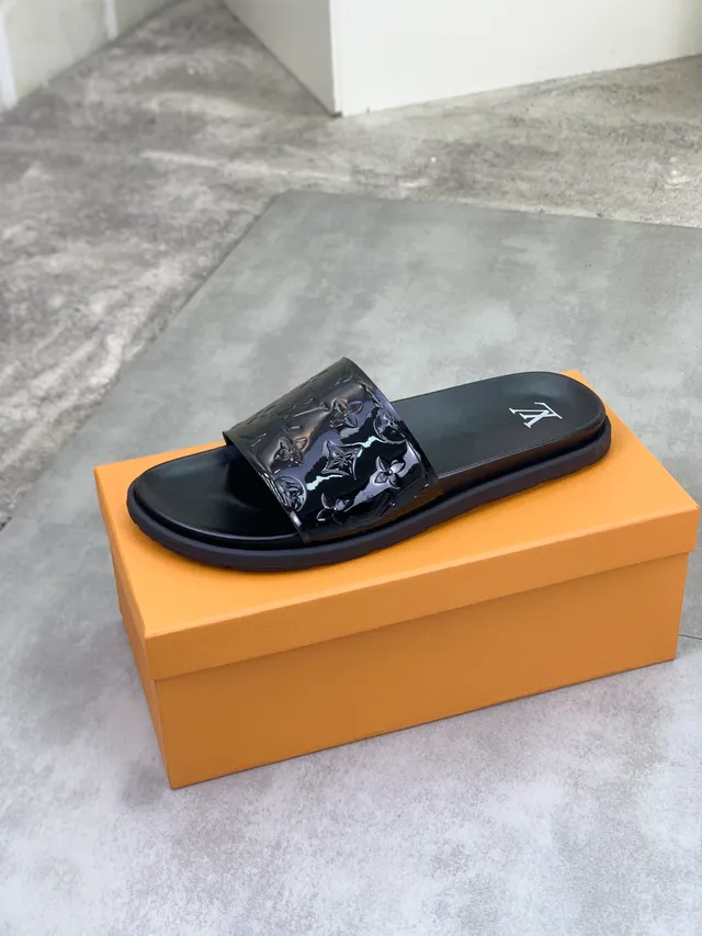 Louis Vuitton Monogram Slide Black Glossy Strap Flat Sole Slippers 4