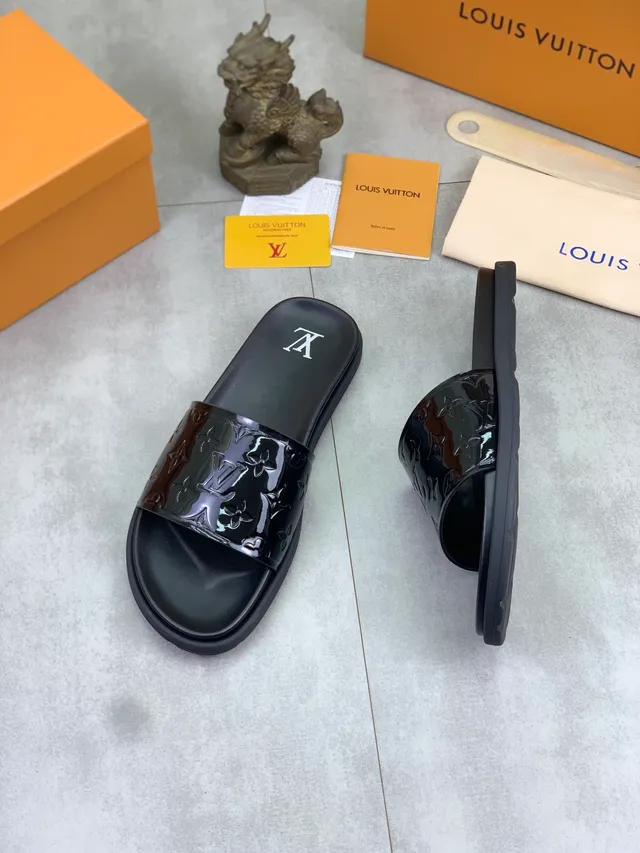 Louis Vuitton Monogram Slide Black Glossy Strap Flat Sole Slippers 5
