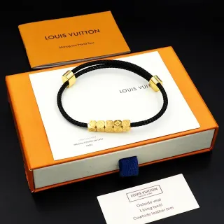 Louis Vuitton Monogram World Tour Black Braided Cord Gold Cube Bracelet