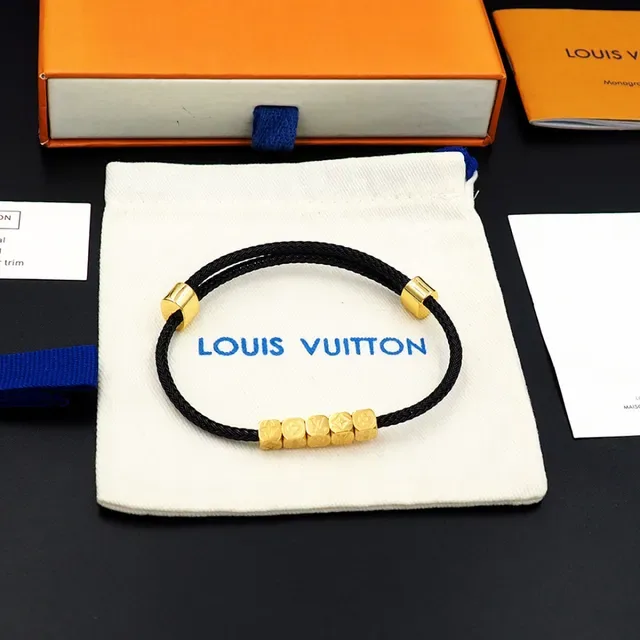 Louis Vuitton Monogram World Tour Black Braided Cord Gold Cube Bracelet 2