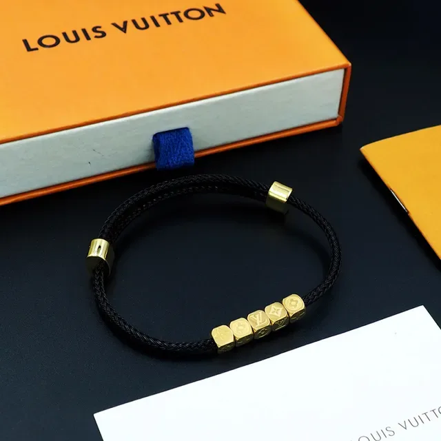 Louis Vuitton Monogram World Tour Black Braided Cord Gold Cube Bracelet 3