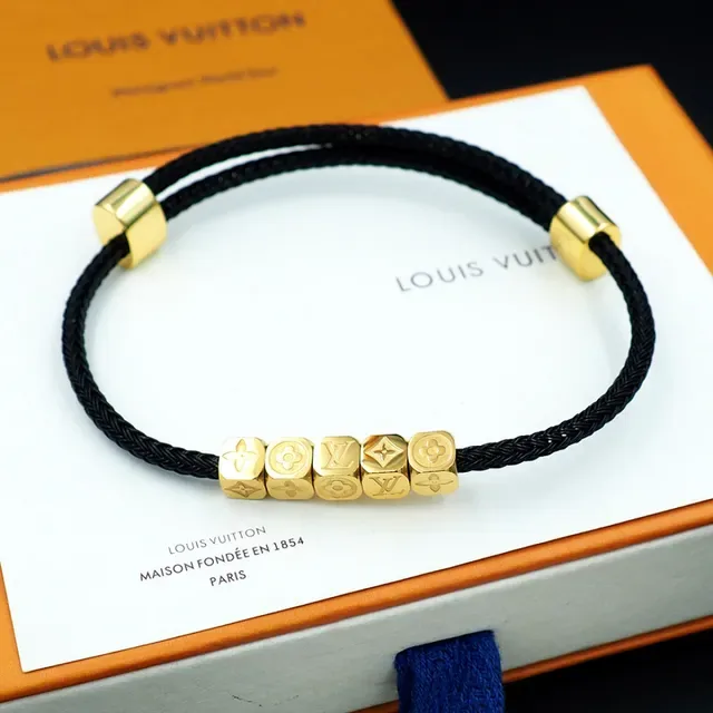 Louis Vuitton Monogram World Tour Black Braided Cord Gold Cube Bracelet 4