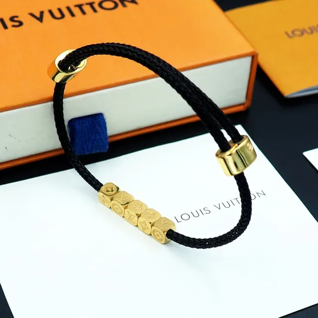 Louis Vuitton Monogram World Tour Black Braided Cord Gold Cube Bracelet 5