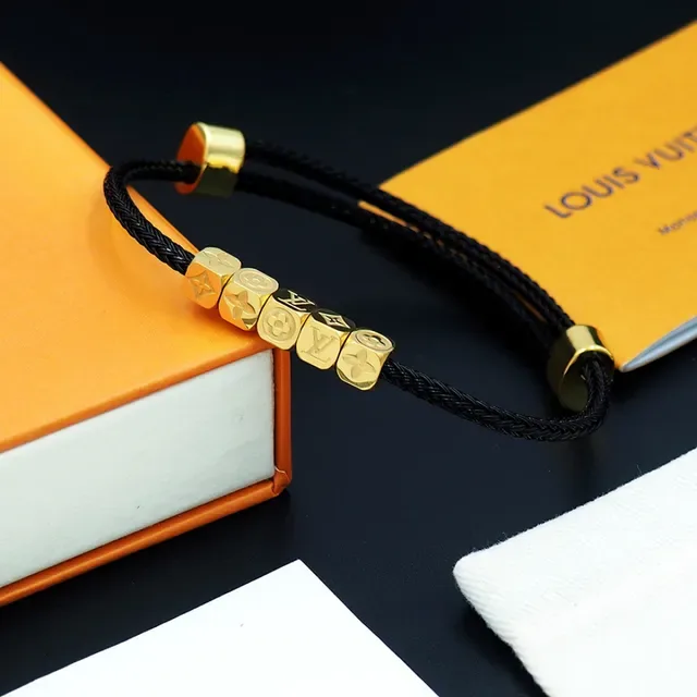 Louis Vuitton Monogram World Tour Black Braided Cord Gold Cube Bracelet 7