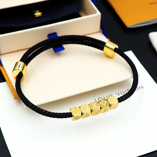 Louis Vuitton Monogram World Tour Black Braided Cord Gold Cube Bracelet 8