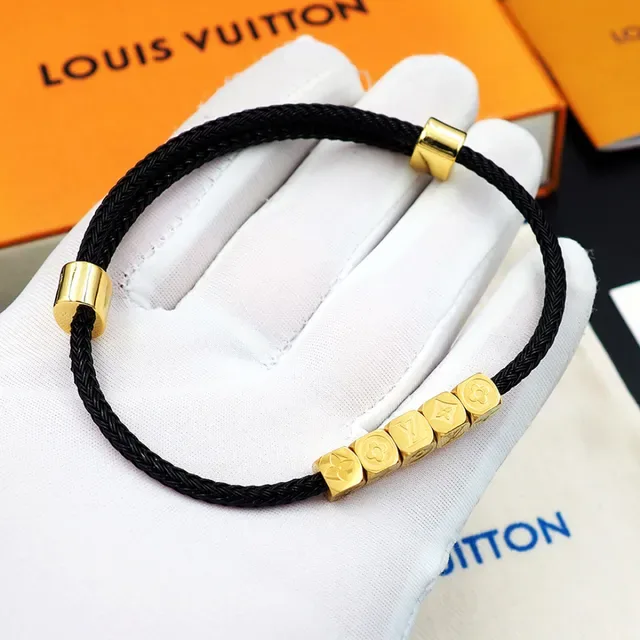 Louis Vuitton Monogram World Tour Black Braided Cord Gold Cube Bracelet 9