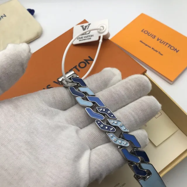 Louis Vuitton Monogram Turnê Mundial Pulseira de Corrente Esmaltada Azul 3