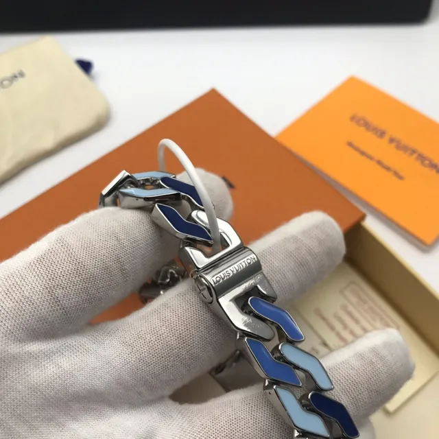 Louis Vuitton Monogram Turnê Mundial Pulseira de Corrente Esmaltada Azul 4