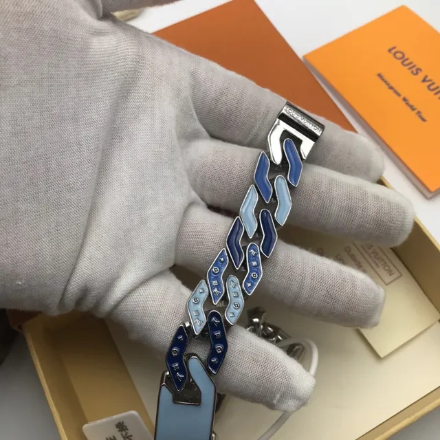 Louis Vuitton Monogram Turnê Mundial Pulseira de Corrente Esmaltada Azul 5