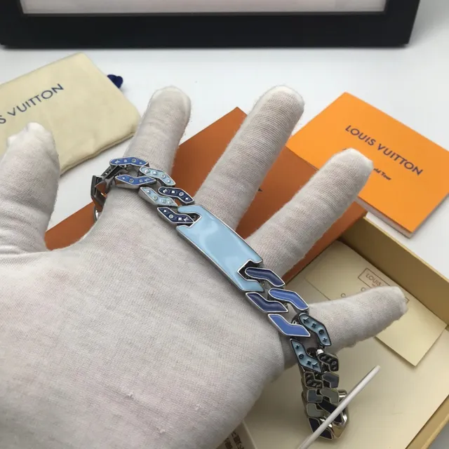 Louis Vuitton Monogram Turnê Mundial Pulseira de Corrente Esmaltada Azul 6