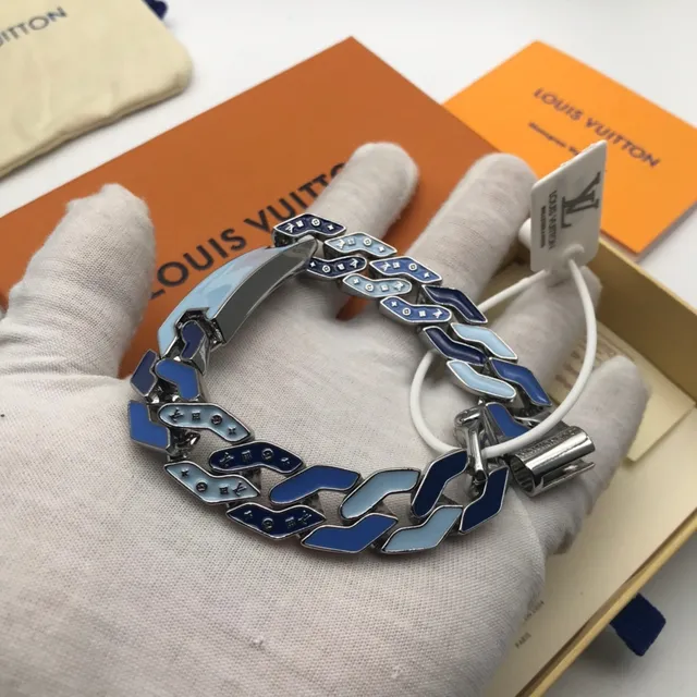 Louis Vuitton Monogram Turnê Mundial Pulseira de Corrente Esmaltada Azul 7