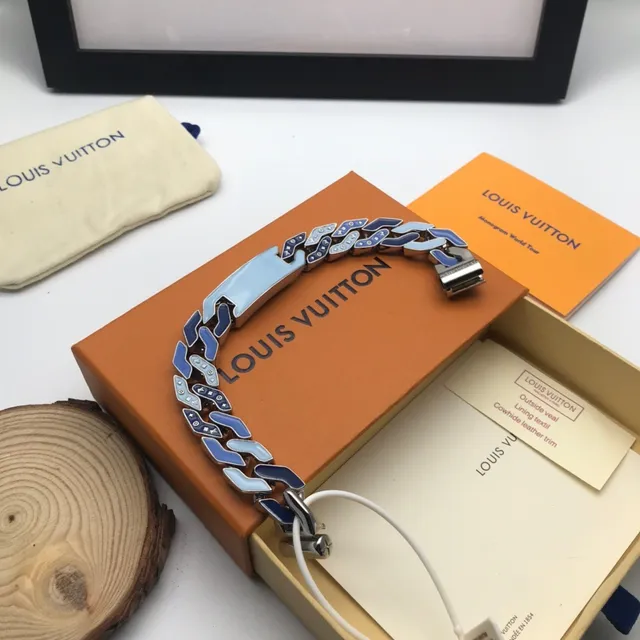 Louis Vuitton Monogram Turnê Mundial Pulseira de Corrente Esmaltada Azul 9