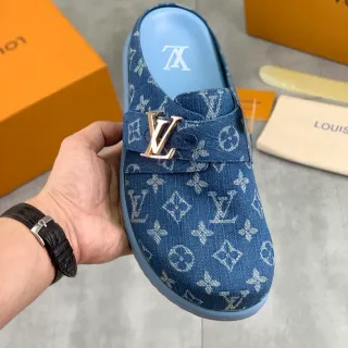 Louis Vuitton Mule Azul Marinho Monogram Jean Dourado LV Fivela Sapatos casuais