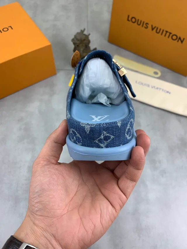 Louis Vuitton Mule Blue Navy Monogram Denim Gold-Tone LV Buckle Casual Shoes 3