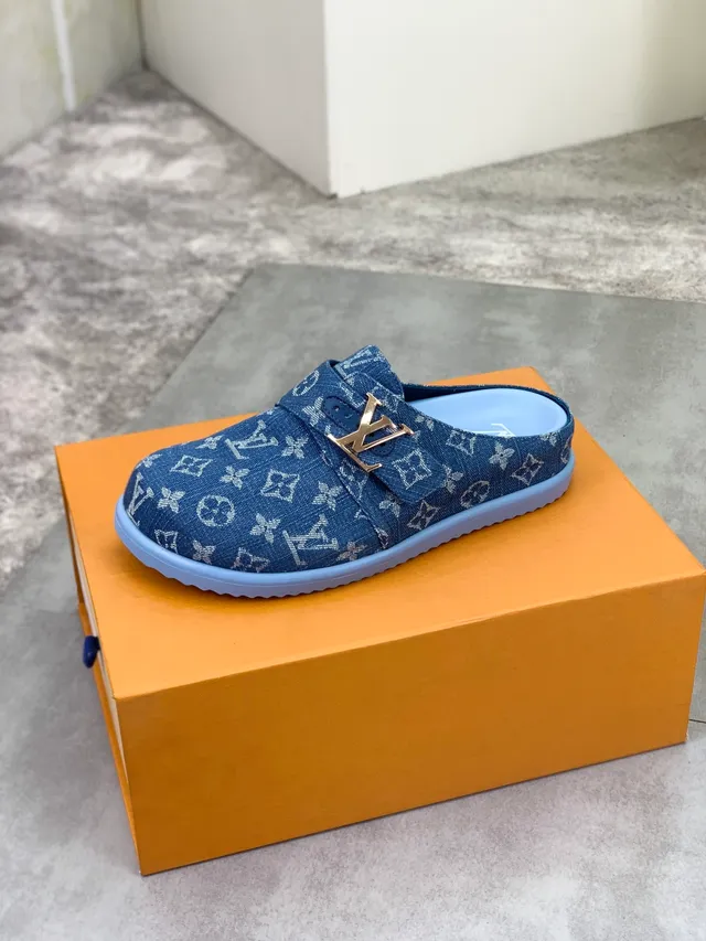 Louis Vuitton Mule Blue Navy Monogram Denim Gold-Tone LV Buckle Casual Shoes 4