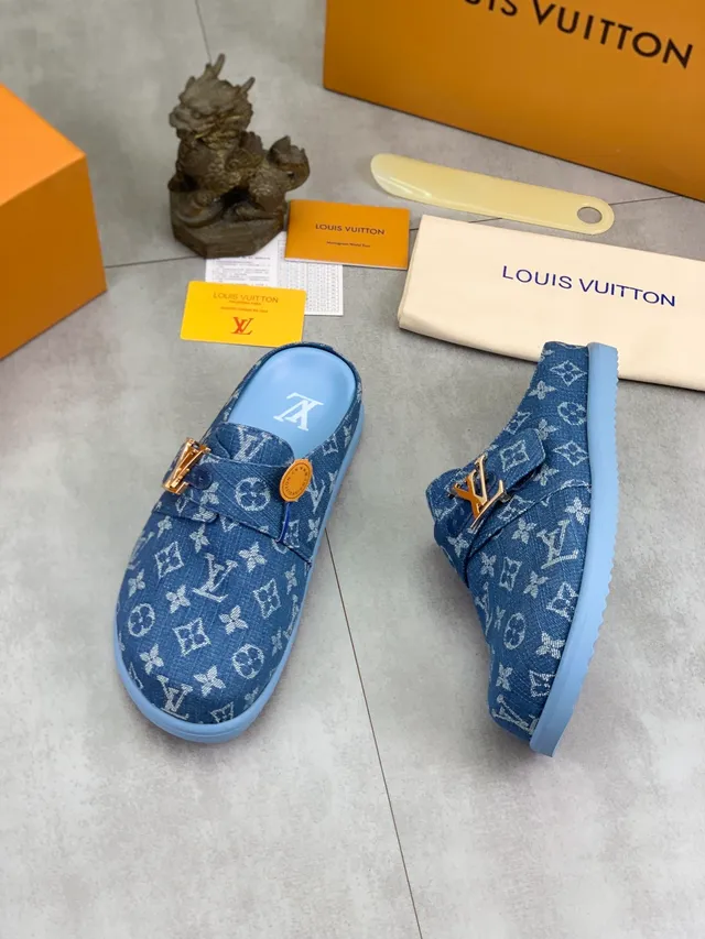 Louis Vuitton Mule Blue Navy Monogram Denim Gold-Tone LV Buckle Casual Shoes 5