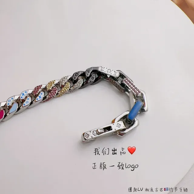 Louis Vuitton Multicolor Silver Chunky Curb Chain Enamel Monogram Plates Bracelet 3