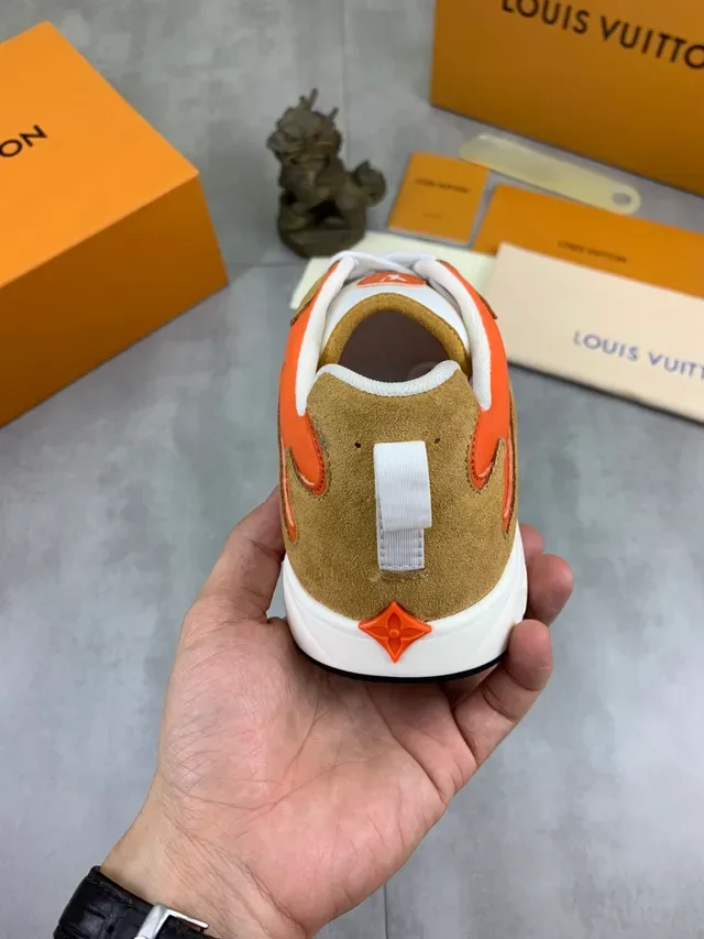 Louis Vuitton Orange Beige Layered And Tan Suede/fabric Prominent LV Monogram Branding Lifestyle Sneakers 3