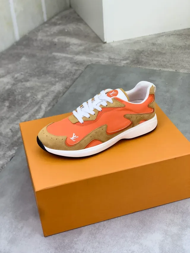 Louis Vuitton Orange Beige Layered And Tan Suede/fabric Prominent LV Monogram Branding Lifestyle Sneakers 4