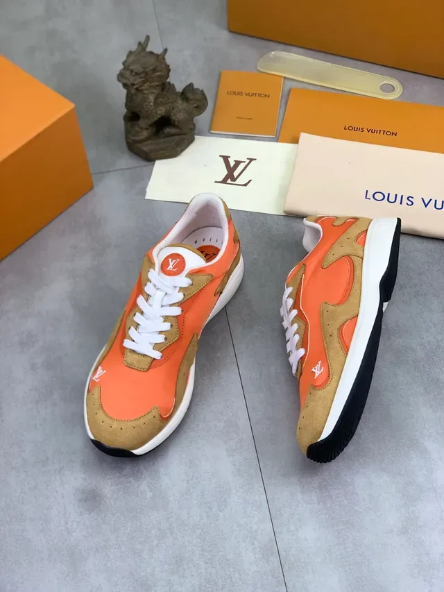 Louis Vuitton Orange Beige Layered And Tan Suede/fabric Prominent LV Monogram Branding Lifestyle Sneakers 5