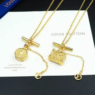 Louis Vuitton Petite Malle & Monogram Coin Gold T-Bar Toggle Clasp Necklace