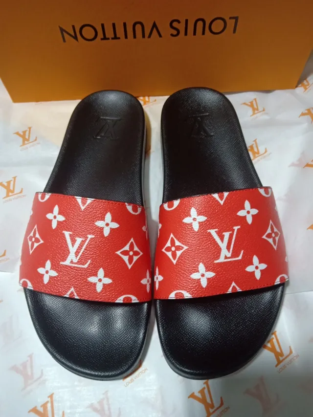 Louis Vuitton Red Black Monogram-Print Strap Molded Rubber Sole Slippers 2