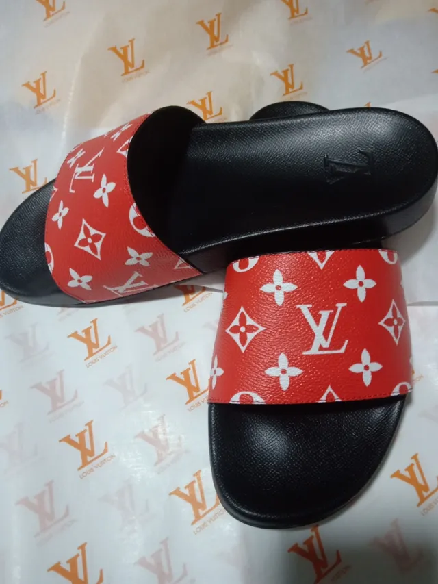 Louis Vuitton Red Black Monogram-Print Strap Molded Rubber Sole Slippers 4