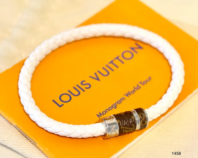 Louis Vuitton Rope Bracelet White Brown Braided Monogrammed Leather Clasp Bracelet 7